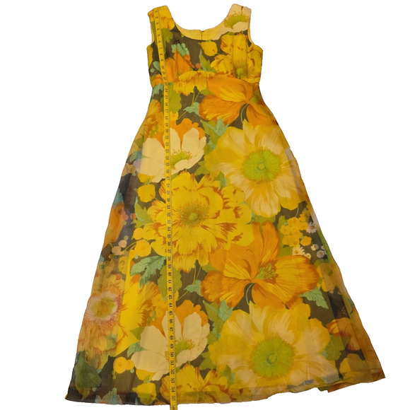70s VTG Yellow Floral Maxi Dress + Sheer Coat Set Boho Cottagecore Festival Gown - Picture 7 of 15